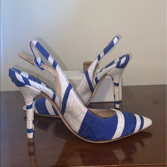 Dolce & Gabbana Blue and White Stripe Brocade Fabric Pointed Toe Sandals - Picture 4 of 11